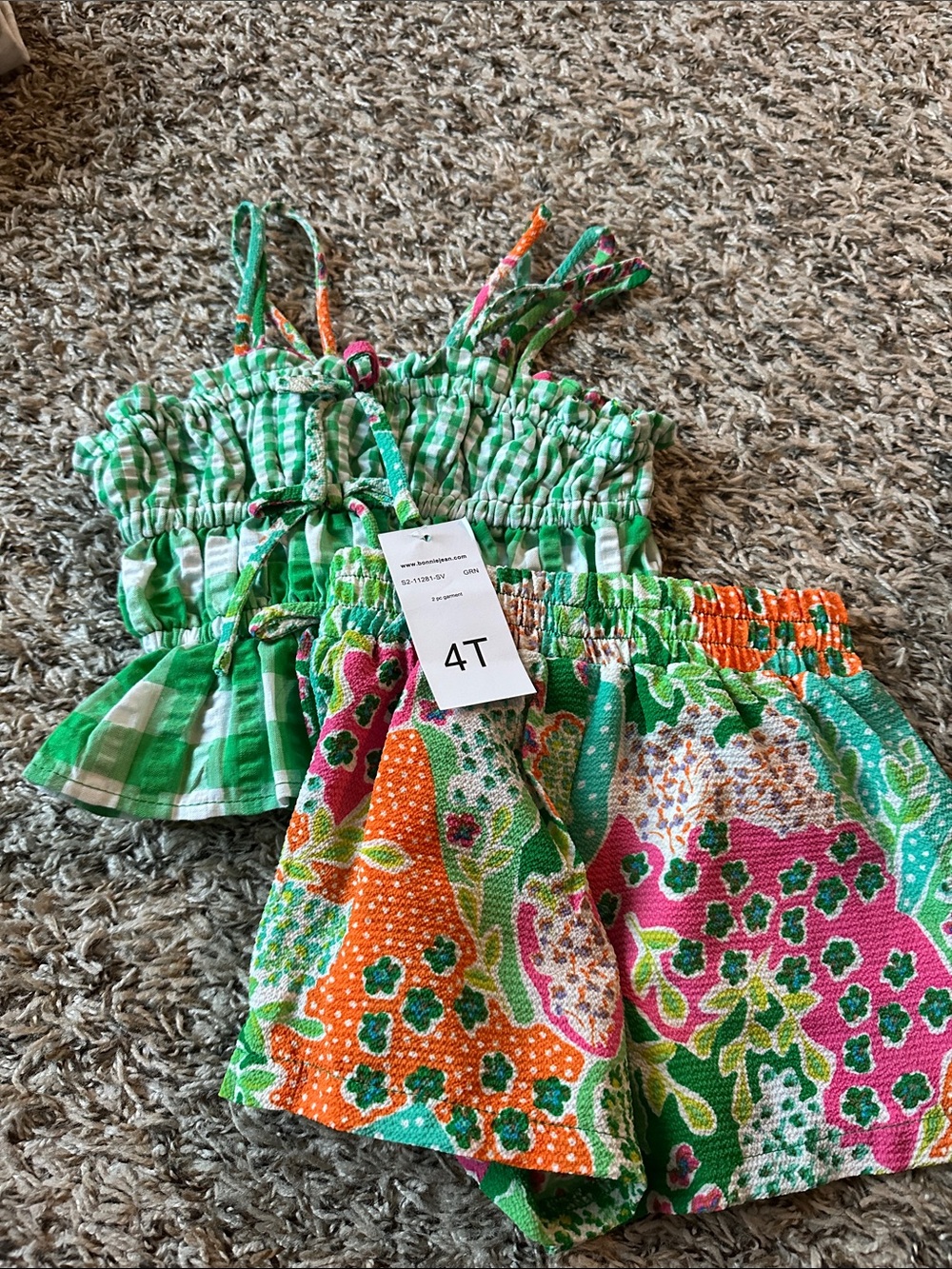 2-Piece Girls Summer Set Green Plaid Top & Multicolor Floral Shorts - 4T nwt